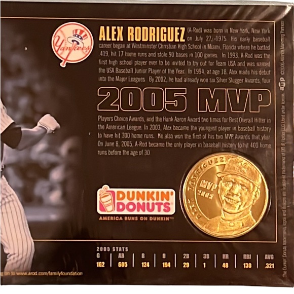 COPY - COPY - ALEX RODRIGUEZ 2005 MVP DUNKIN DONUTS LIMITED EDITION COIN SET ON - Picture 6 of 7